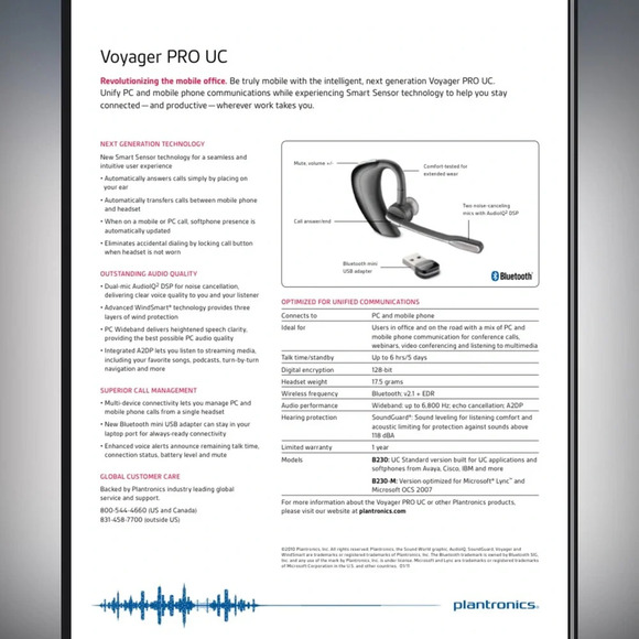 Plantronics Voyager PRO UC V2 B230-M Bluetooth Wireless Mobile PC Headset System - Picture 11 of 11